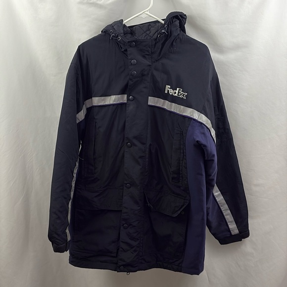 FedEx Stan Herman Mens Uniform Rain Jacket Sz M Hooded Reflective Purple Black - Picture 1 of 9